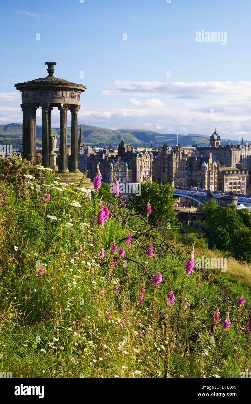 Dugald Stewart Monument and view of Old Town from Calton Hill in summer sunshine, Edinburgh, Scotland, United Kingdom, Europe Stock Photo