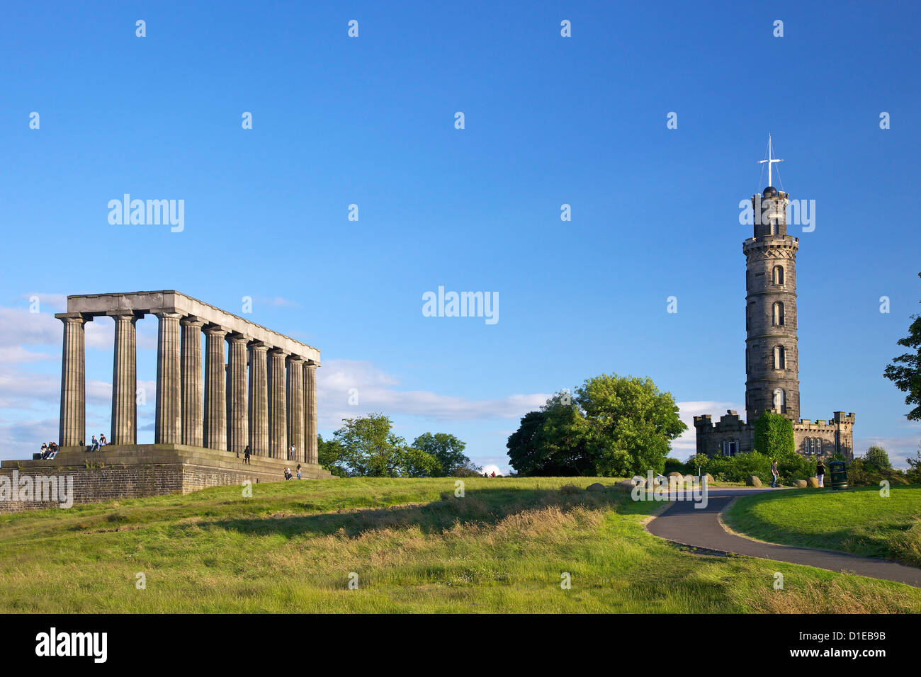 Nelson's and the National Monument, Calton Hill in summer sunshine, Edinburgh, Scotland, United Kingdom, Europe Stock Photo
