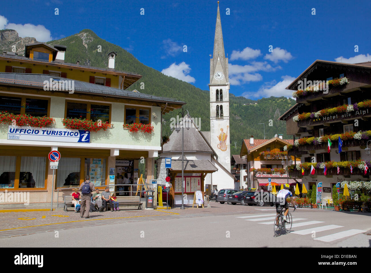 Church and hotel, Alleghe, Belluno Province, Veneto, Dolomites, Italy, Europe Stock Photo