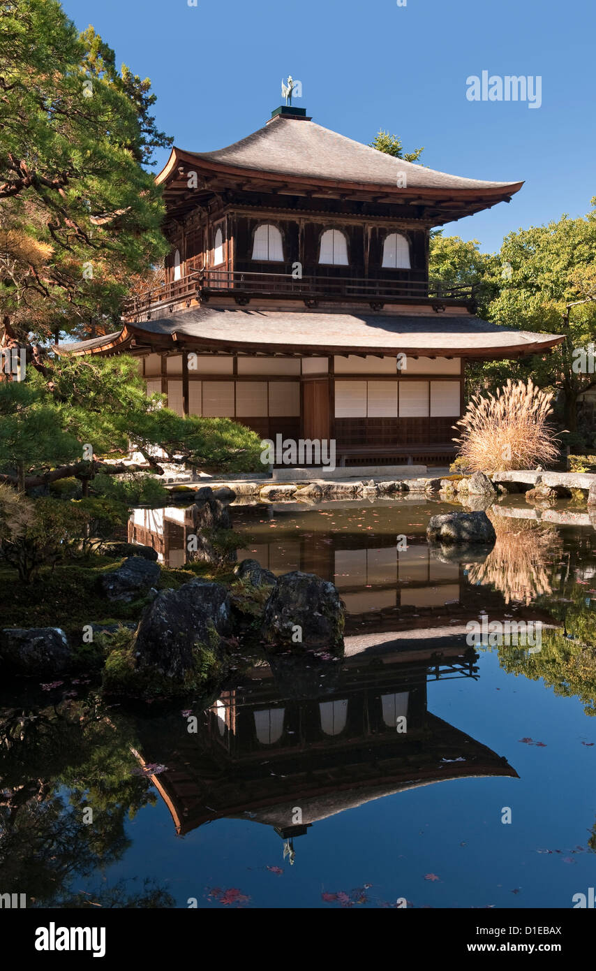 The kannon-den or main hall of Ginkaku-ji Temple (Jisho-ji or the Silver Pavilion) in Kyoto, Japan, reflected in its pool. It was built in 1482 Stock Photo