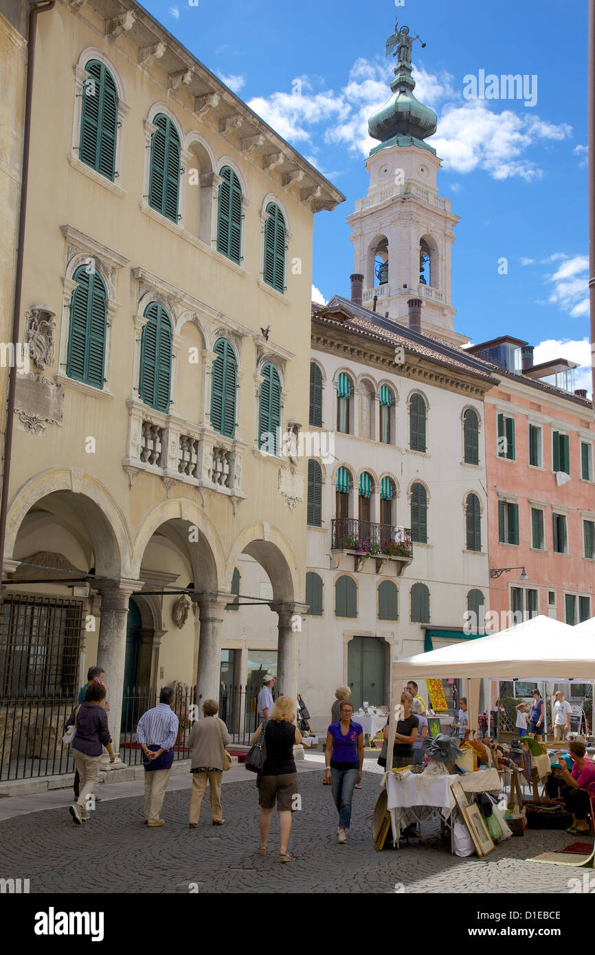 Duomo of San Martino Belltower and market, Piazza dei Duomo, Belluno, Province of Belluno, Veneto, Italy, Europe Stock Photo