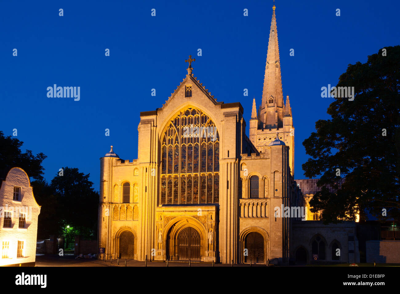 Norwich Cathedral floodlit at dusk, Norwich, Norfolk, England, United Kingdom, Europe Stock Photo
