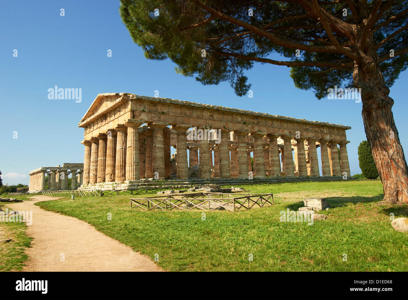 The ancient Doric Greek Temple of Hera of Paestum built in about 460–450 BC. Paestum archaeological site, Italy.  Stock Photo