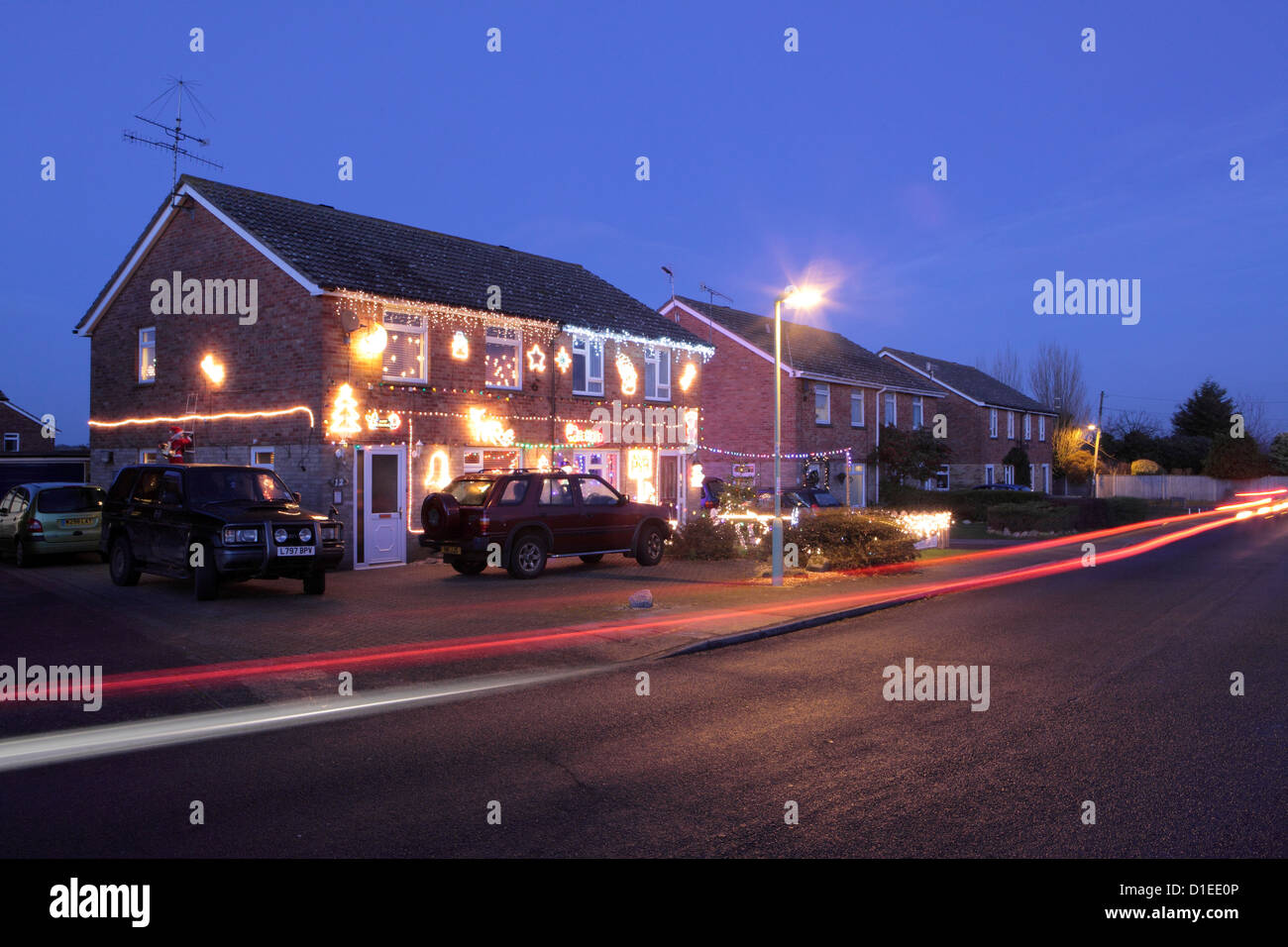 House decorated with Christmas Lights, Suffolk, UK Stock Photo