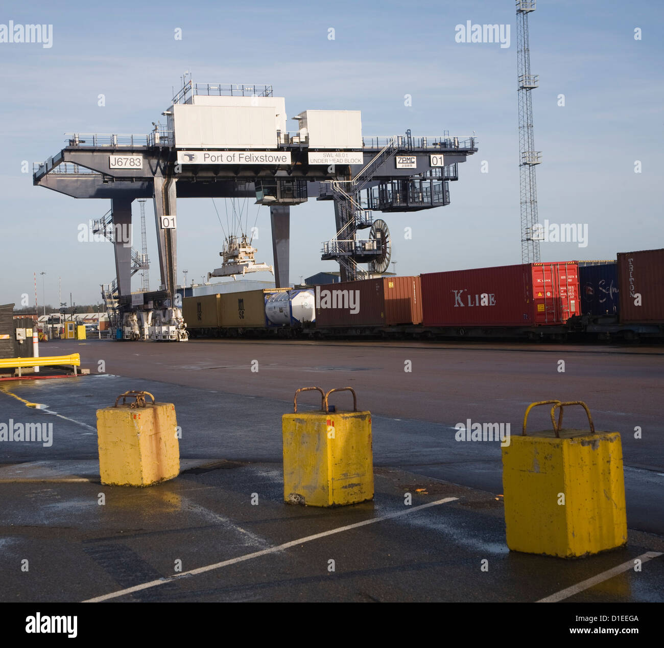 Rail freight terminal crane Port of Felixstowe Suffolk England Stock Photo