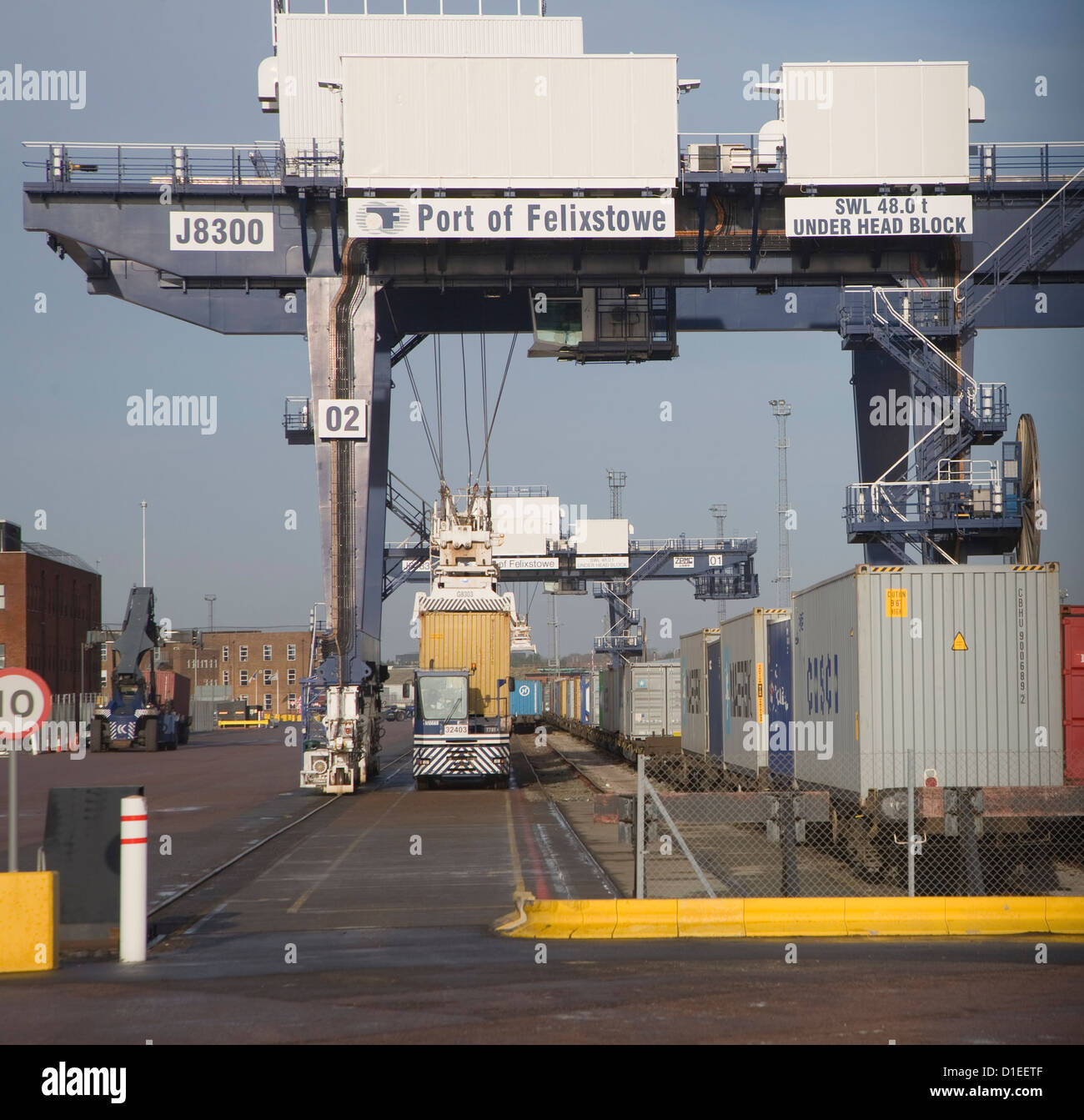 Rail freight terminal crane Port of Felixstowe Suffolk England Stock Photo