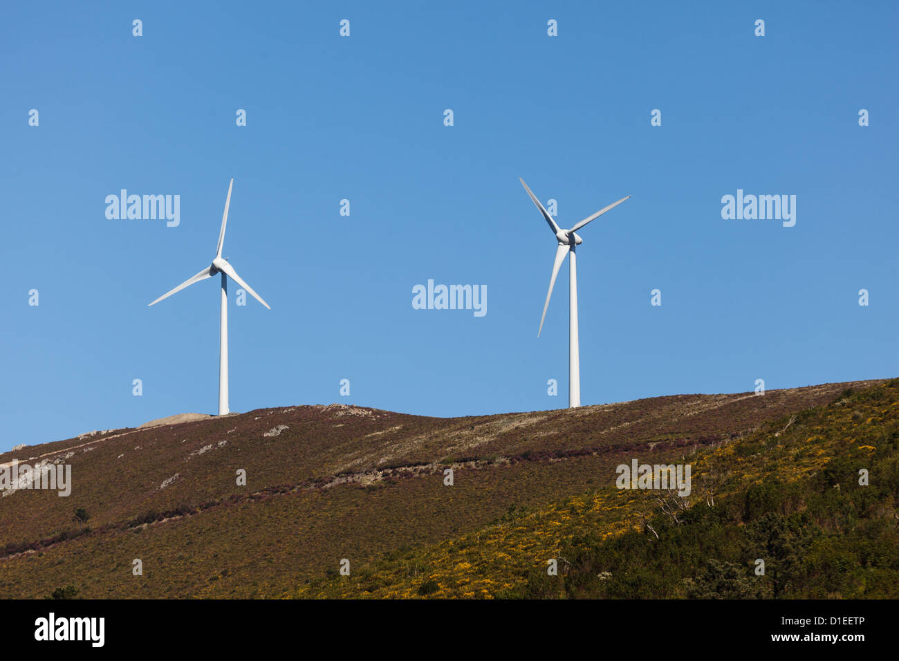 2 windmill turbines for generating electric power on hill sihouetted against a blue sky Stock Photo