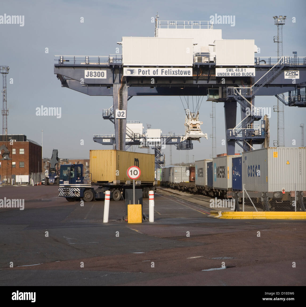 Rail freight terminal crane Port of Felixstowe Suffolk England Stock Photo