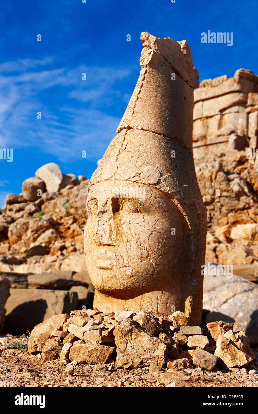 Picture & photo of the statues of around the tomb of Commagene King Antochus 1 on the top of Mount Nemrut, Turkey. Stock Photo