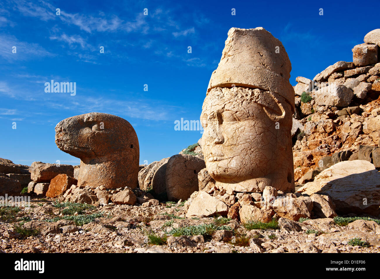 Picture & photo of the statues of around the tomb of Commagene King Antochus 1 on the top of Mount Nemrut, Turkey. Stock Photo