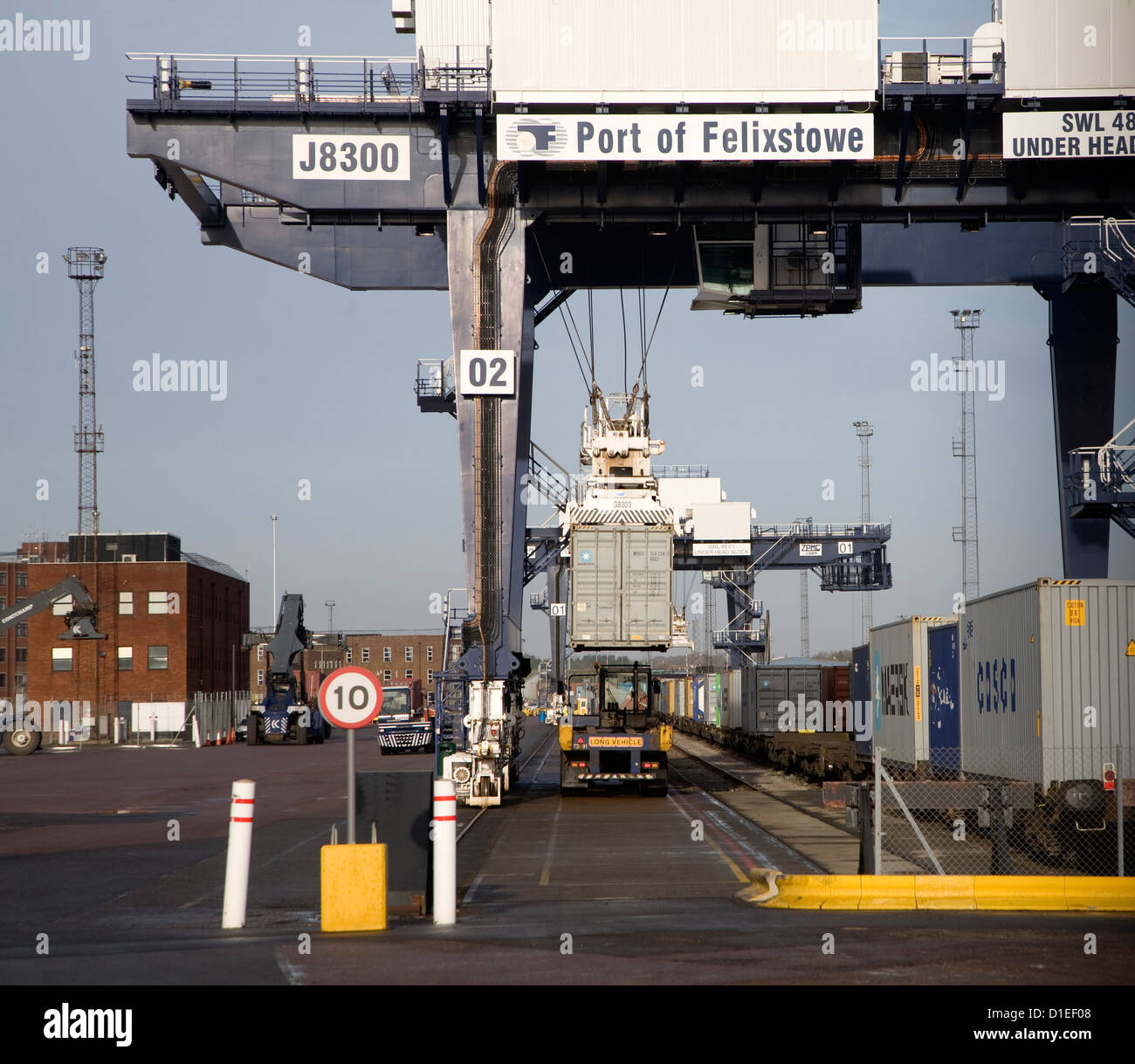 Rail freight terminal crane Port of Felixstowe Suffolk England Stock Photo