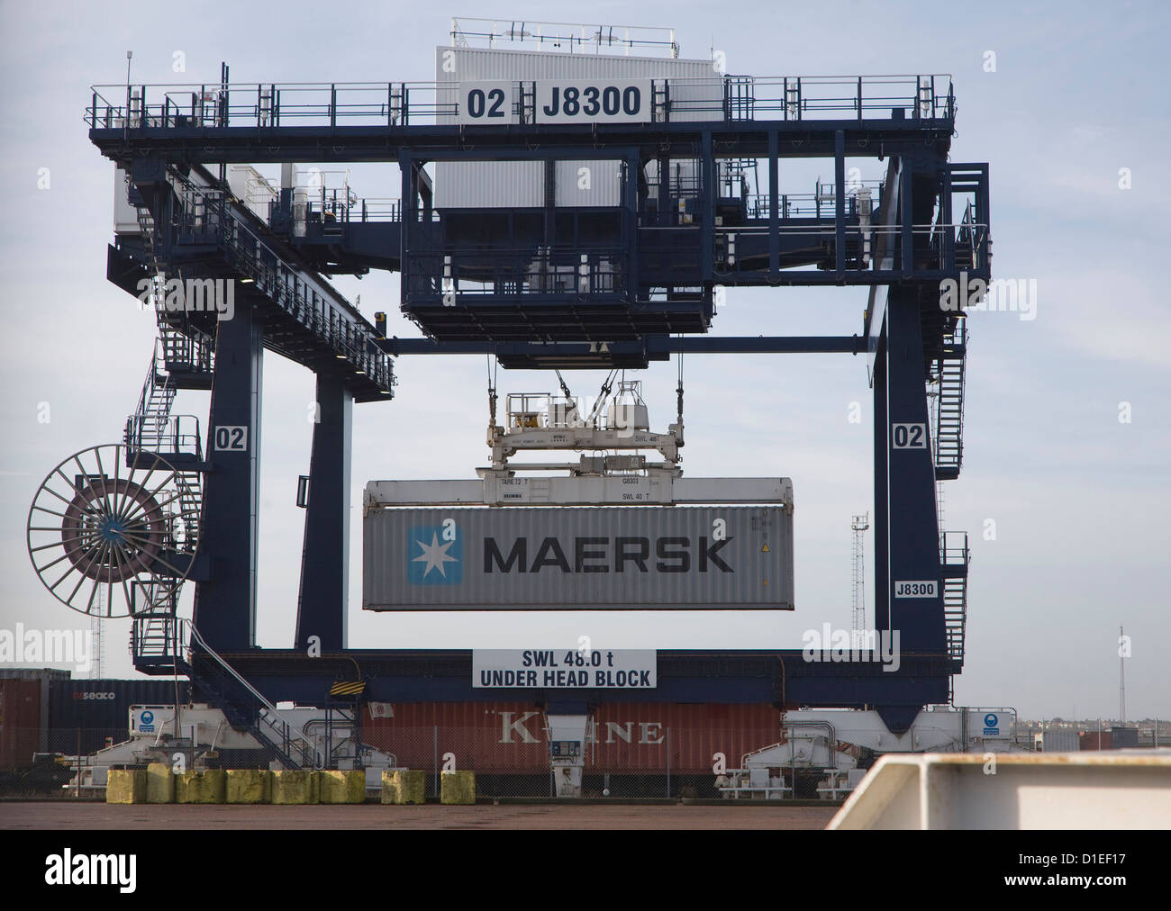 Rail freight terminal crane Port of Felixstowe Suffolk England Stock Photo