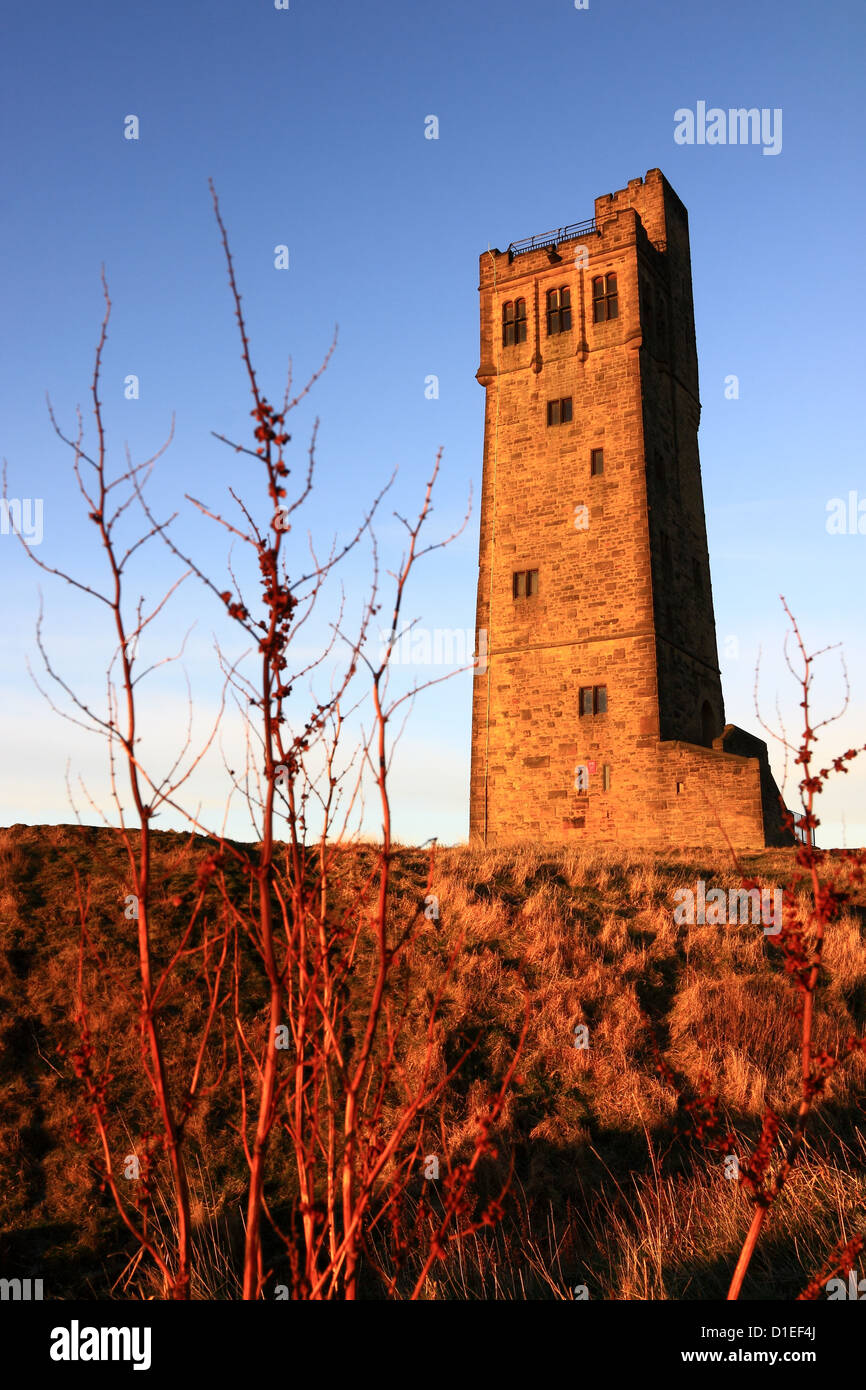 The Victoria Tower on Castle Hill, the well known landmark in Almondbury, Huddersfield, West Yorkshire Stock Photo