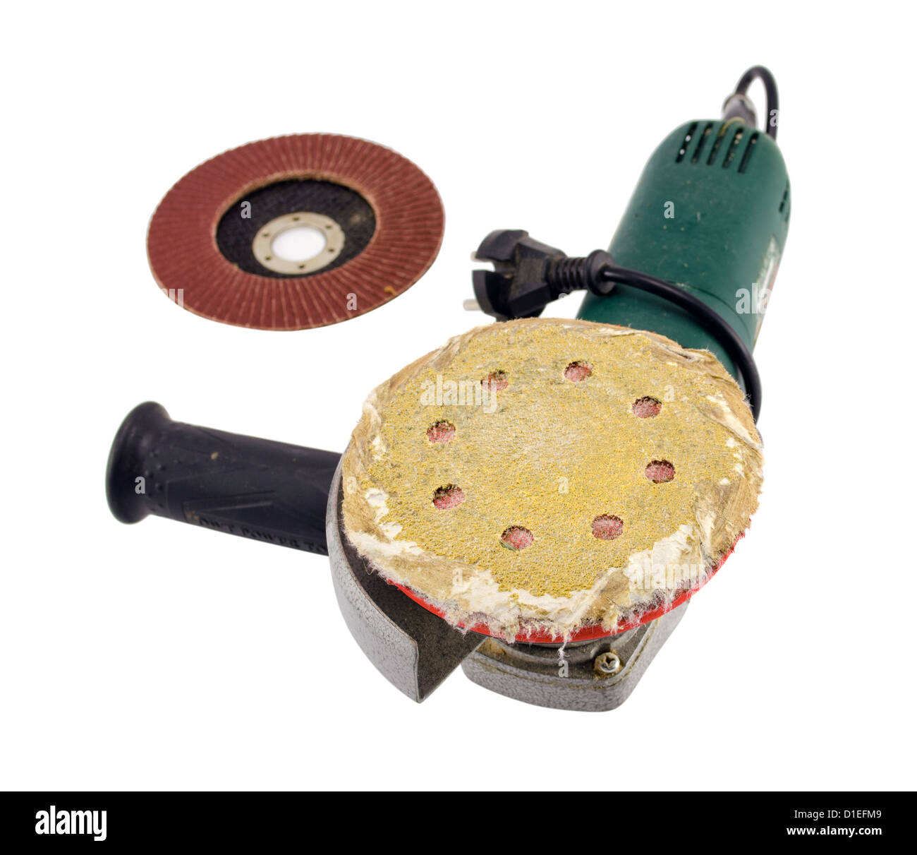 sander grinder tool with worn sandpaper head and new head isolated on