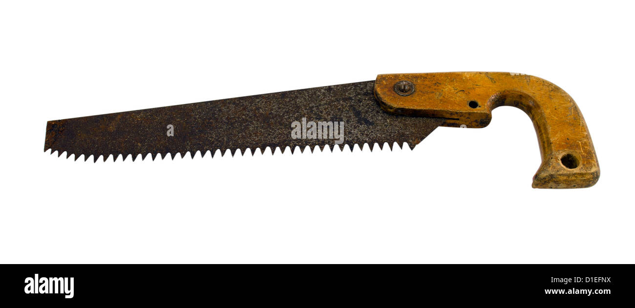 retro rusty crosscut hand saw handsaw tool isolated on white background. Stock Photo