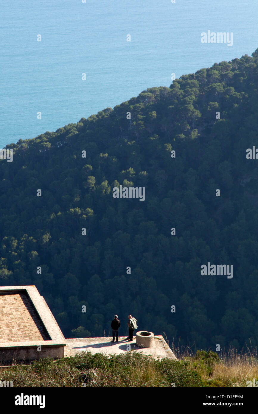 Two man speaking on panoramic site Formentor Tramuntana Mallorca