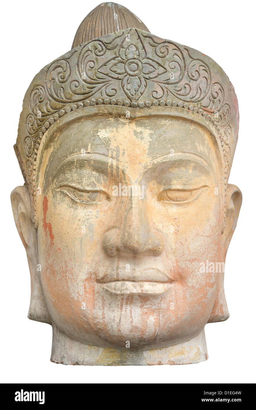 Ancient Buddha head in Burma style isolated on white background with