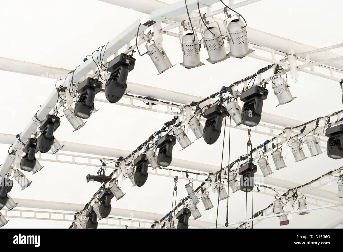 Lighting equipment with spotlights and floodlights under roof Stock Photo