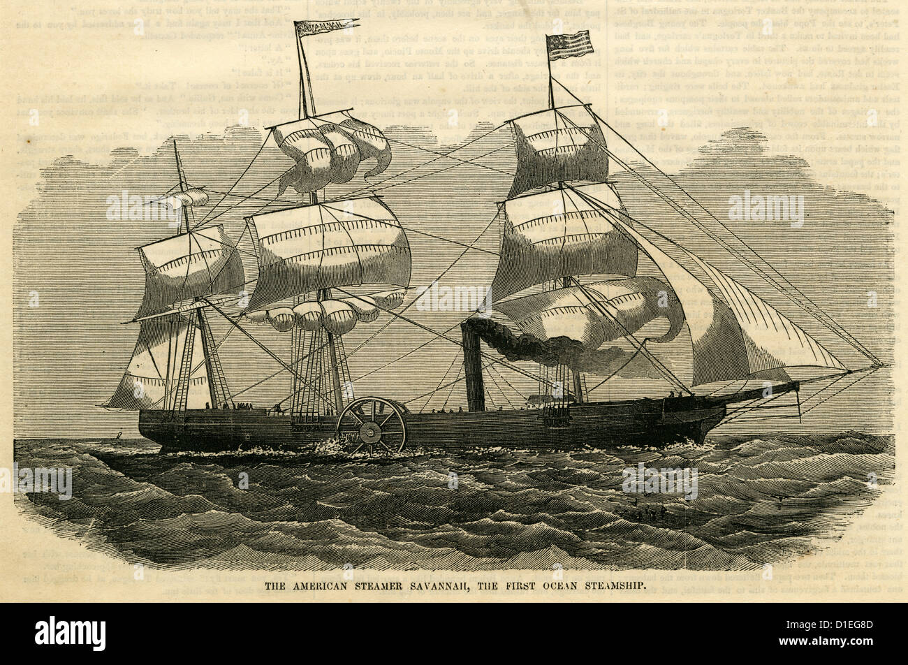 1854 engraving, The American Steamer Savannah, the First Ocean Steamship. Stock Photo