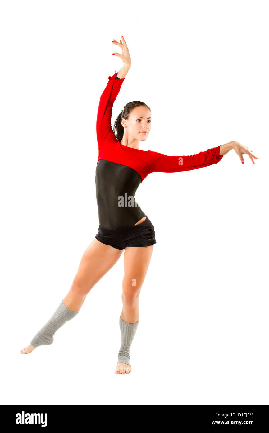 russian gymnast in sports swimsuit makes exercise on isolated white background Stock Photo
