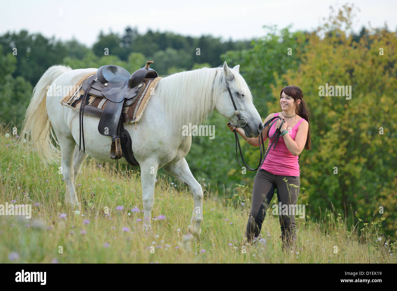 Smiling teenage girl with horse on meadow Stock Photo - Alamy