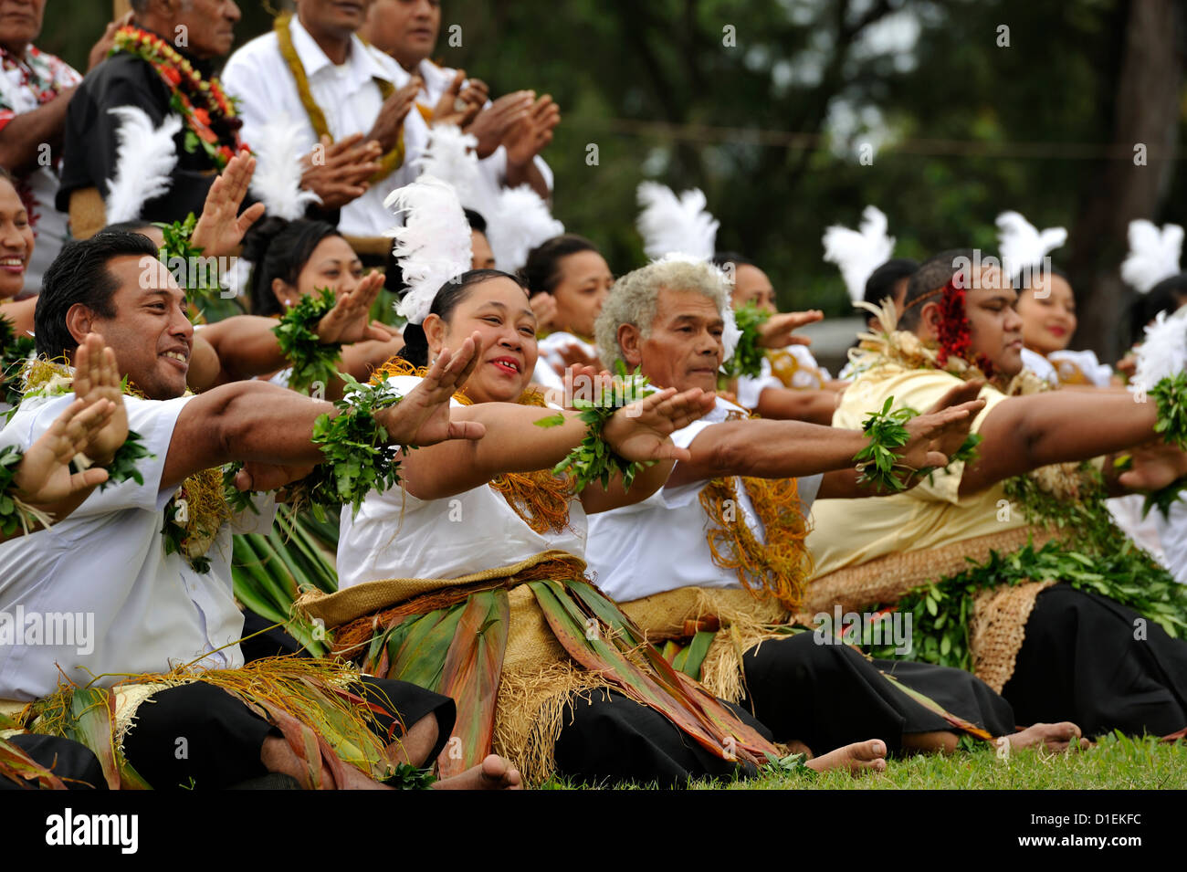 Performers entertain the Crown Prince and his bride to be at a traditional cultural ceremony ahead of the Royal Wedding in Tonga Stock Photo