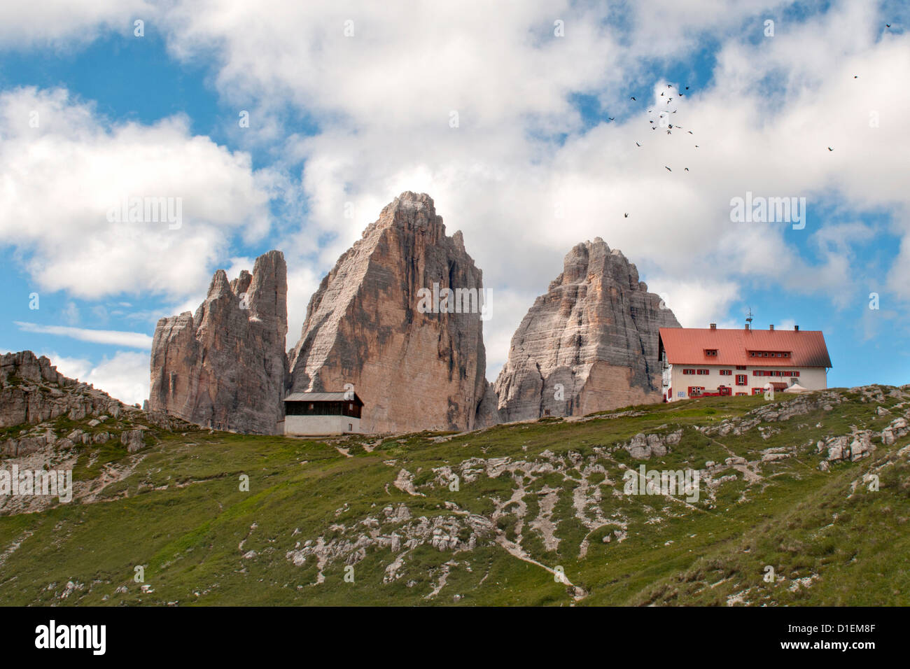 Drei Zinnen and mountain hut, Dolomites, South Tyrol, Italy Stock Photo
