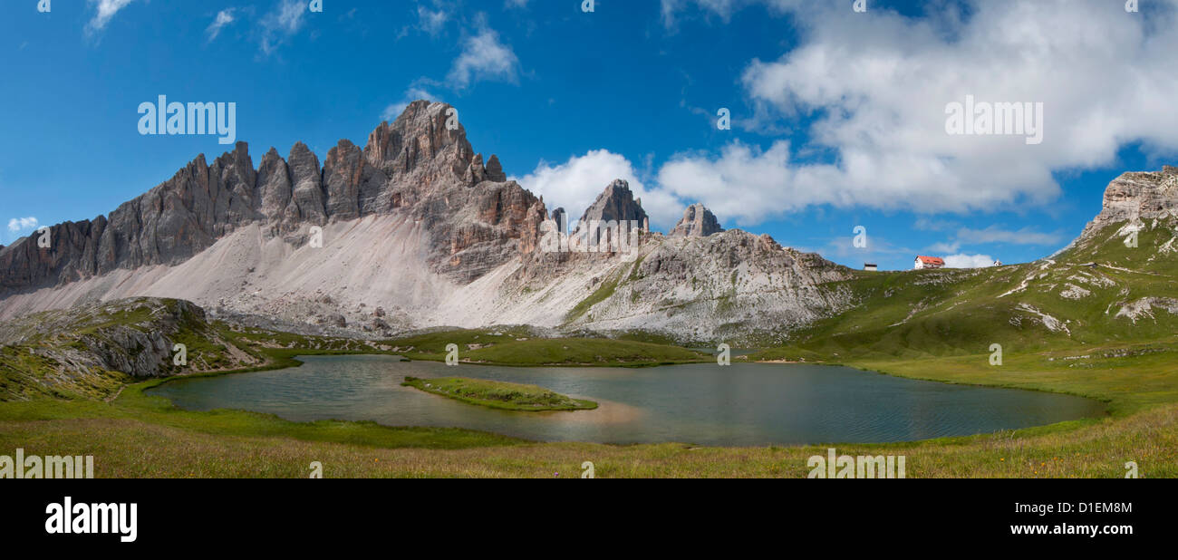 Mountainscape with Drei Zinnen and mountain lake, Dolomites, South Tyrol, Italy Stock Photo