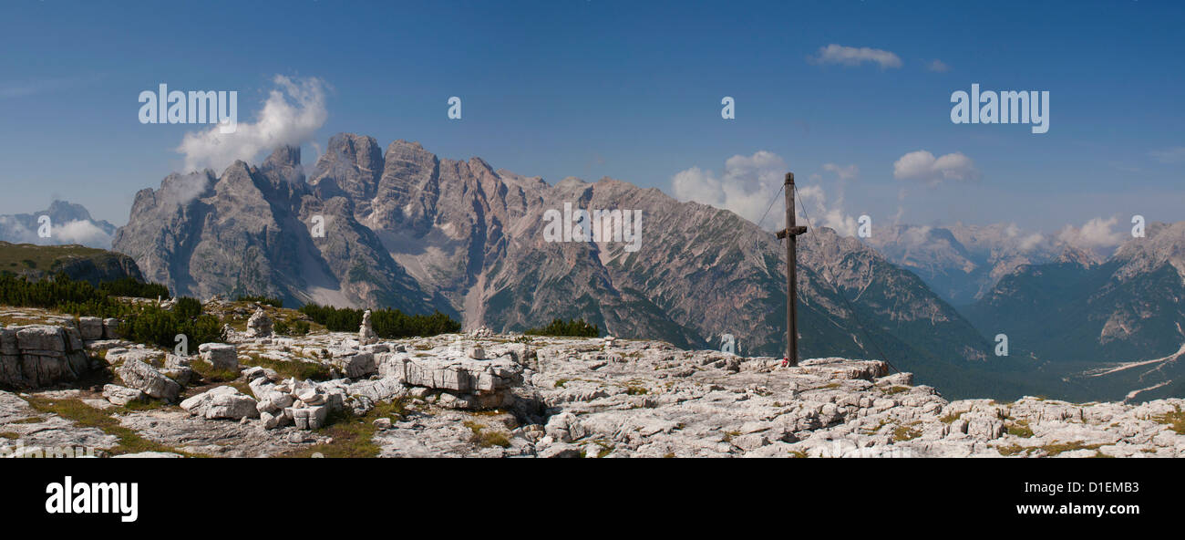 Summit cross and Monte Cristallo, Dolomites, South Tyrol, Italy Stock Photo