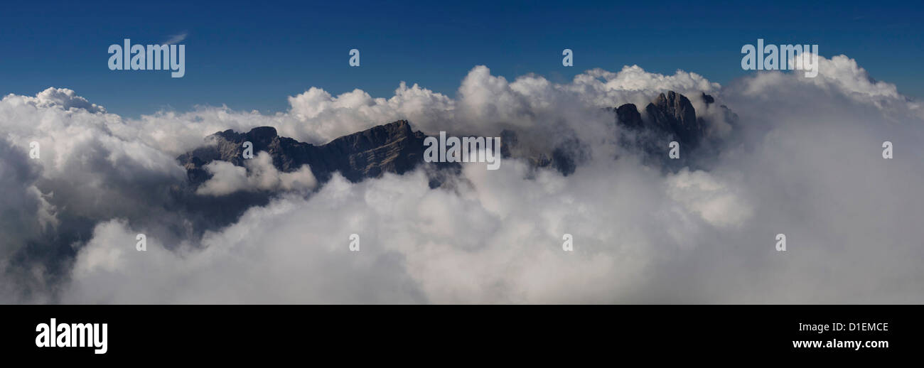 Geislerspitzen in fog, Dolomites, South Tyrol, Italy Stock Photo