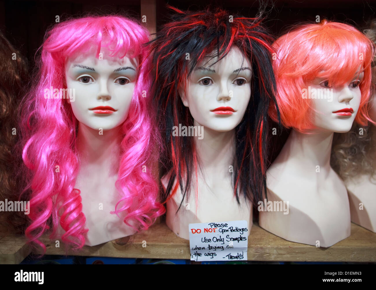 Wigs on mannequin heads Stock Photo