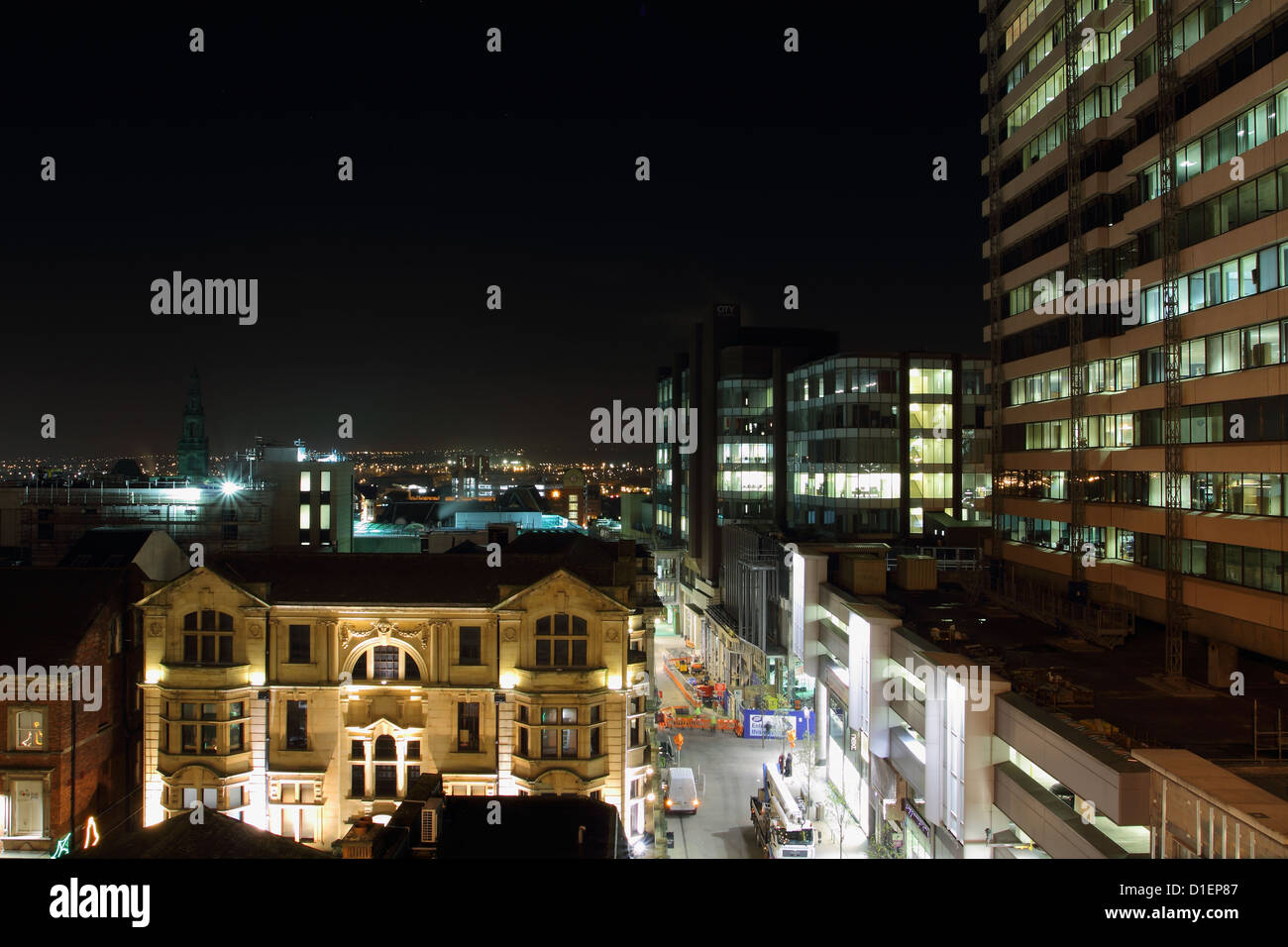 Leeds city centre skyline at night looking down albion street UK Stock