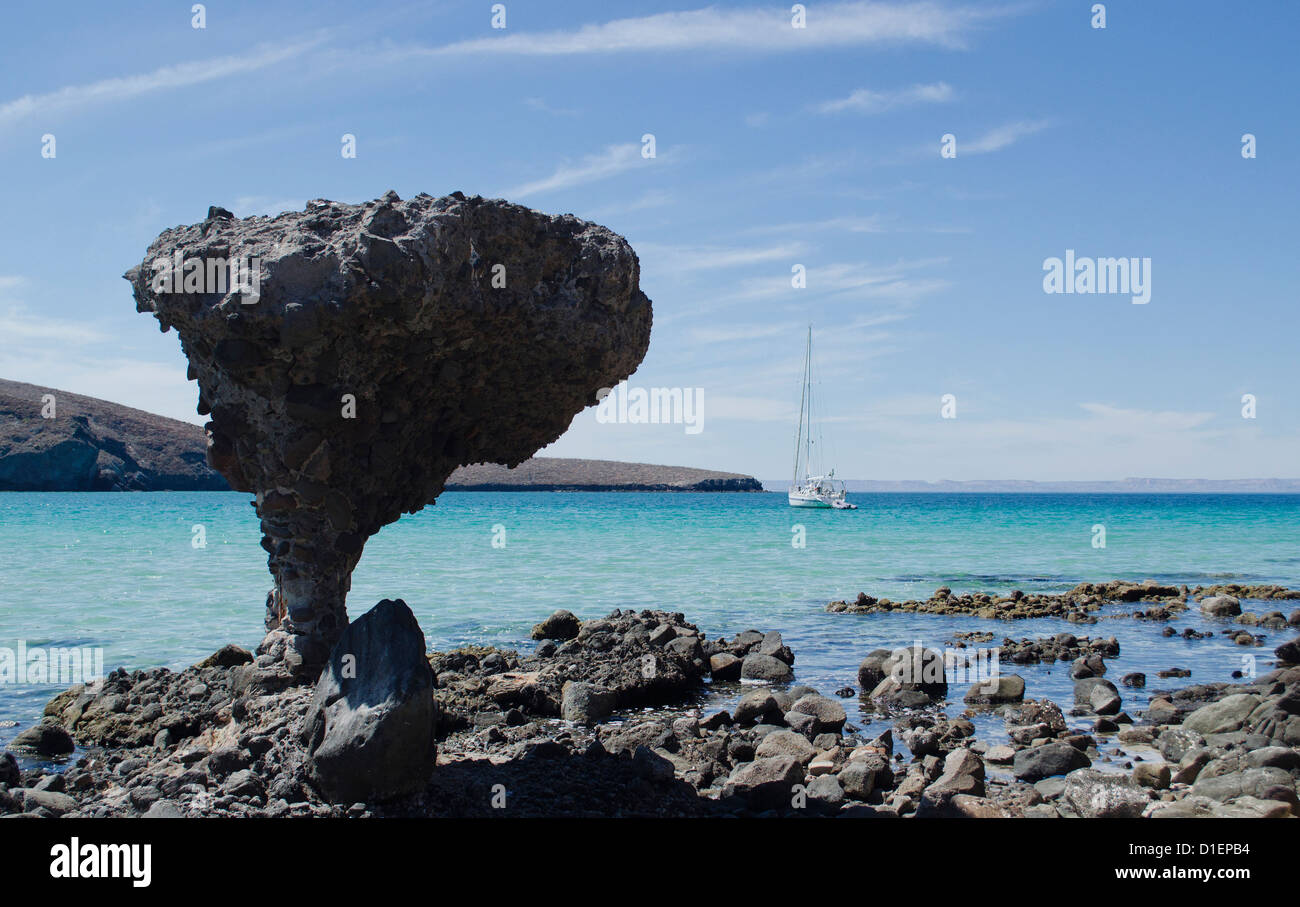 Balandra beach on the Sea Of Cortez north of La Paz Baja Sur Mexico with its clear waters and famous mushroom rock Stock Photo