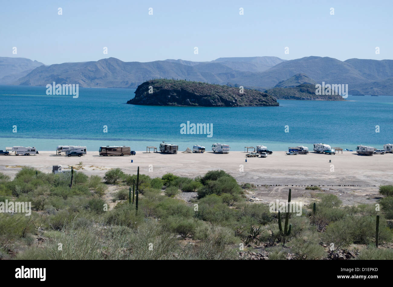 Campers on the beach on Bahia Conception Baja Mexico Stock Photo