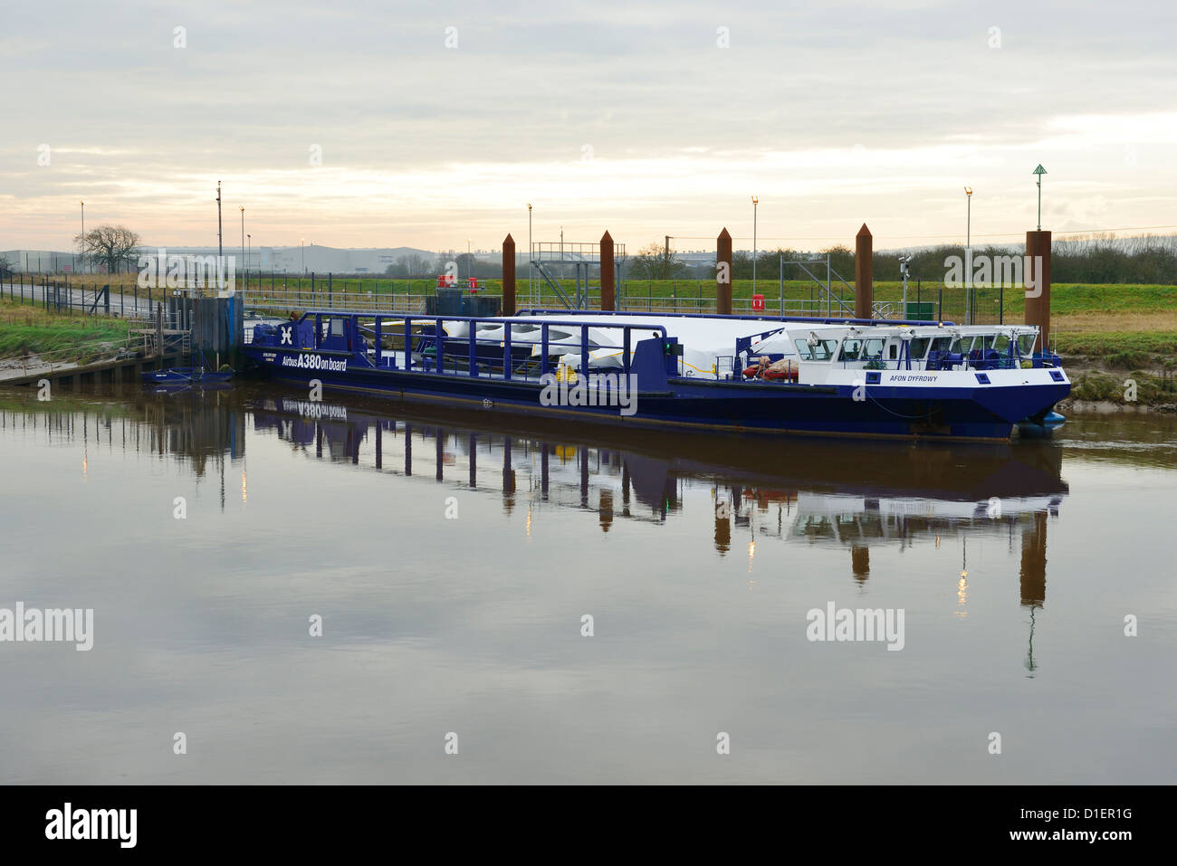 The Airbus A380 wing barge moored near the Broughton factory Stock Photo