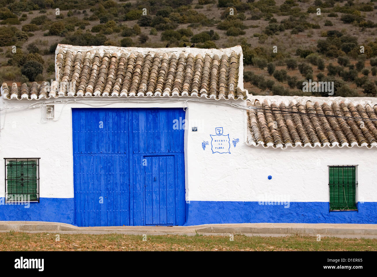Blue door farmhouse Puerto Lápice Ciudad Real Castilla la Mancha Spain Stock Photo