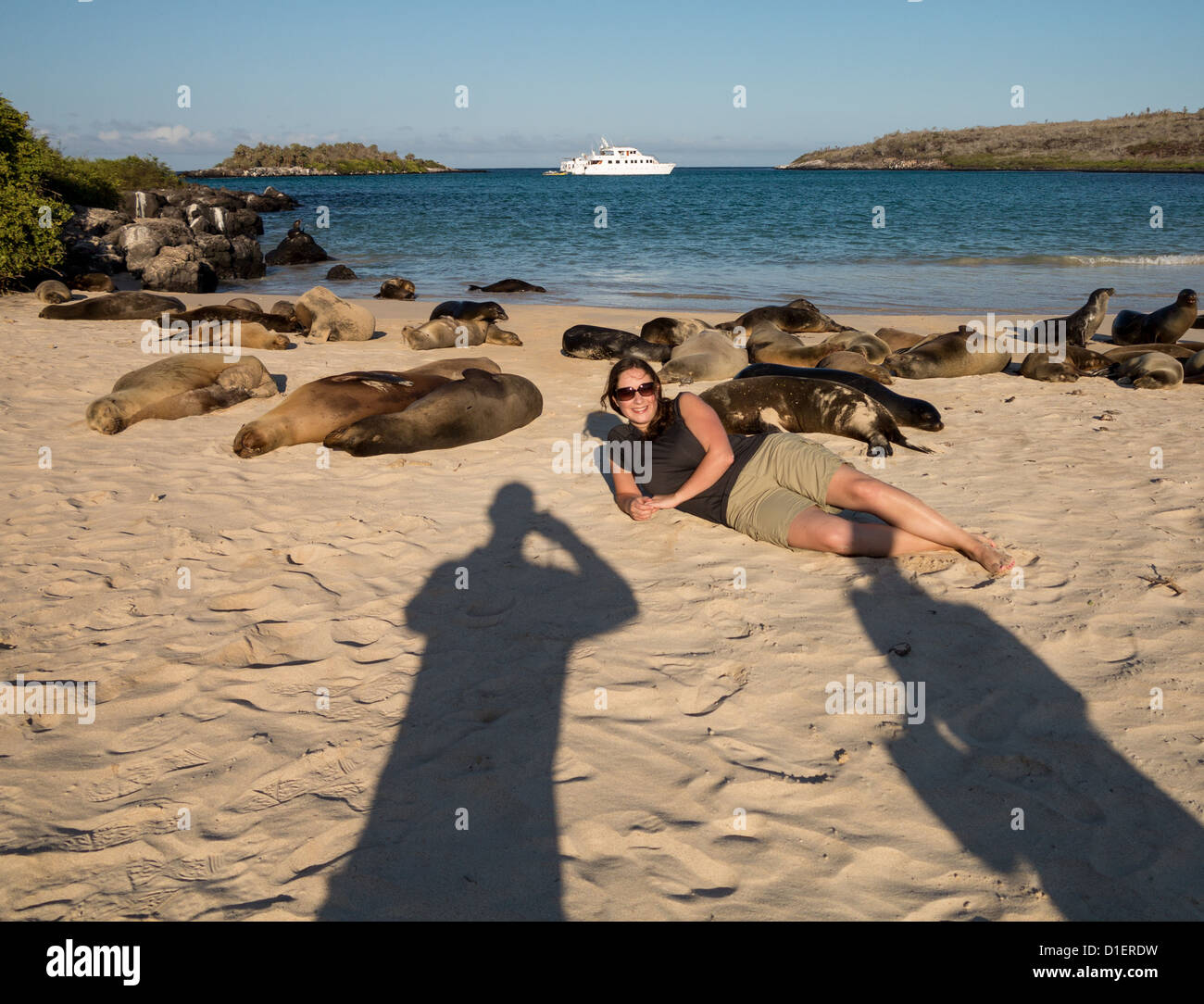 Female tourist lays on beach with shadows of photographers and seals in Galapagos Islands in Ecuador Stock Photo