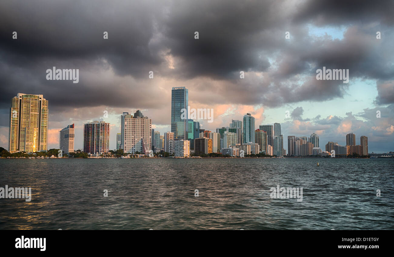 Miami cityscape skyline at sunrise from Rickenbacker causeway, Florida, USA Stock Photo