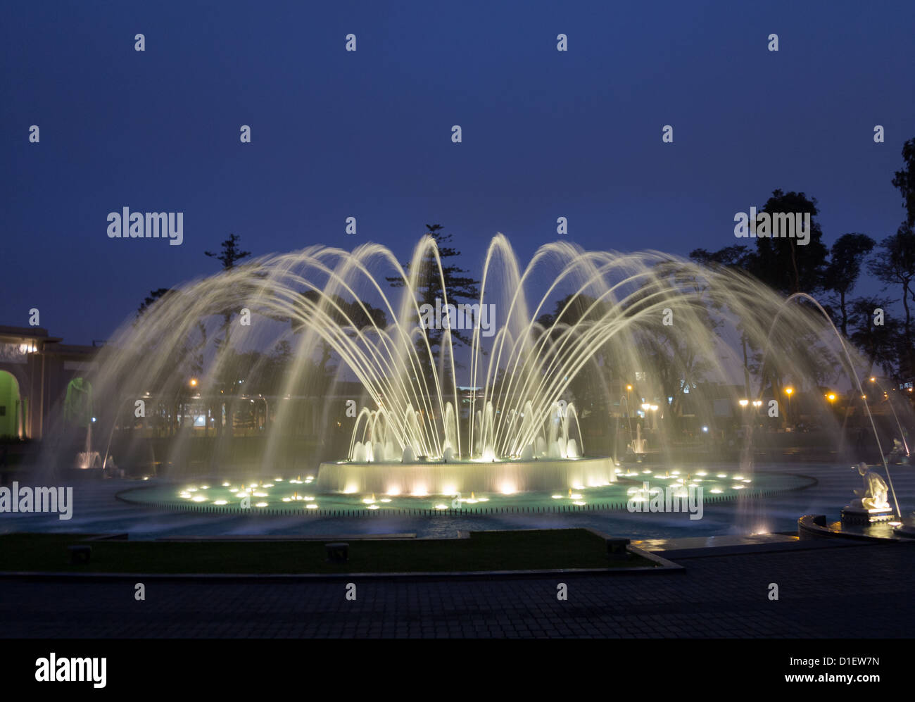Illuminated fountains at dusk in Magical Water Circuit in Reserve Park, Lima, Peru world record for largest fountains Stock Photo