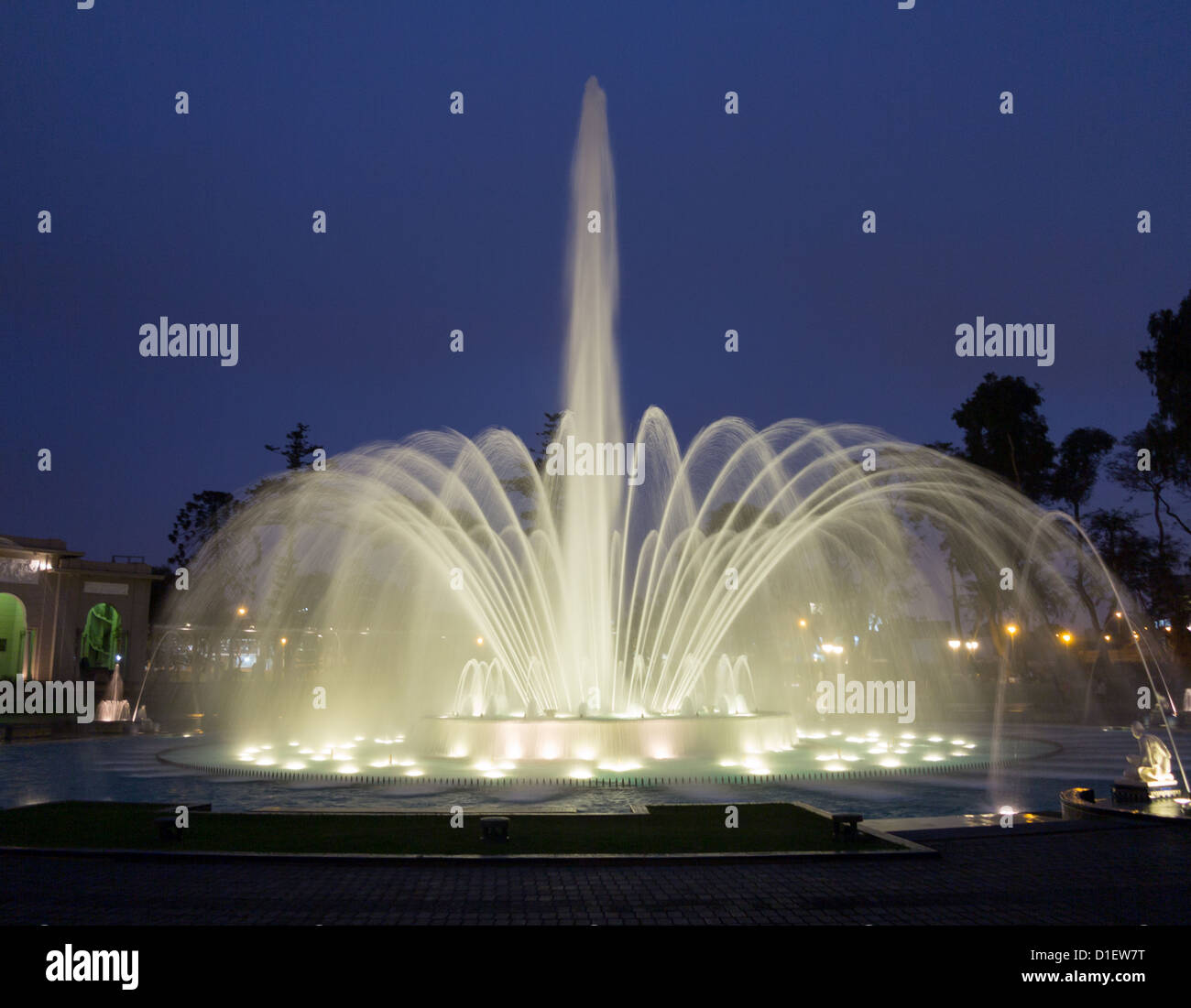 Illuminated fountains at dusk in Magical Water Circuit in Reserve Park, Lima, Peru world record for largest fountains Stock Photo