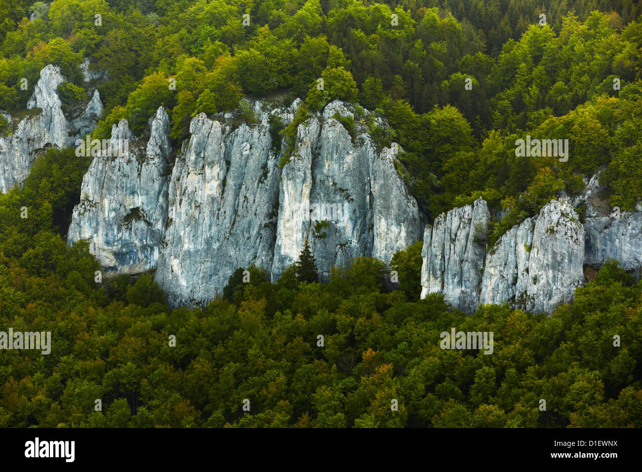 Limestone rocks in the Danube Valley near Hausen, aerial photo Stock Photo