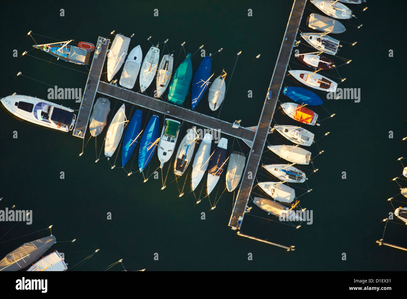 Boats in the harbor of Sipplingen, Lake Constance, Baden-Wuerttemberg, Germany, aerial photo Stock Photo