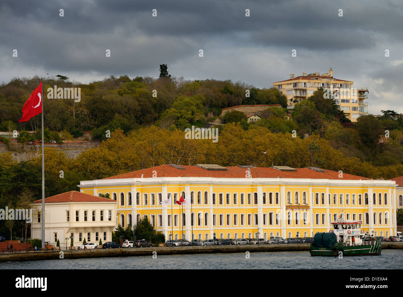 Turkish flag at Galatasaray University in Yildiz on the Bosphorus Strait Istanbul Turkey Stock Photo