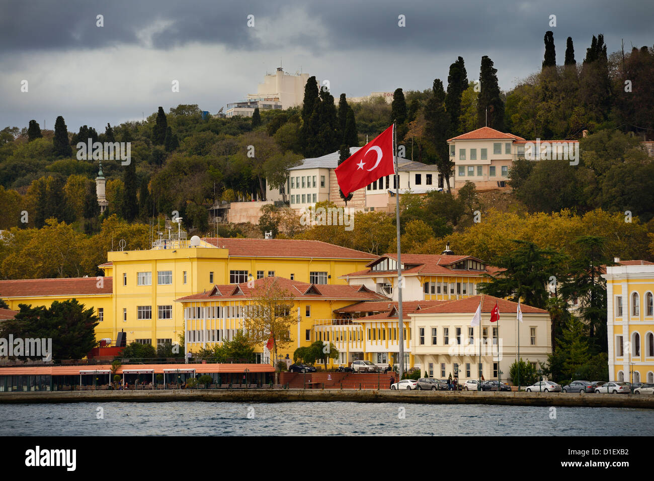 Turkish flag at Galatasaray University in Yildiz Mh on the Bosphorus Strait Istanbul Turkey Stock Photo