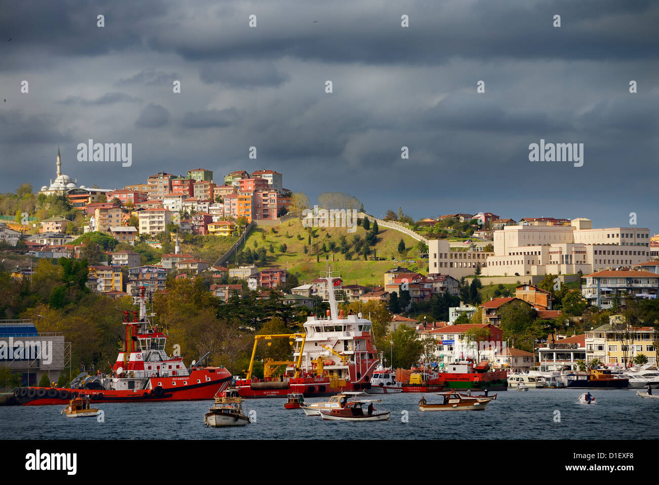 Istinye Harbour with coastal safety ships and American Consulate on the Bosphorus Strait Istanbul Turkey Stock Photo