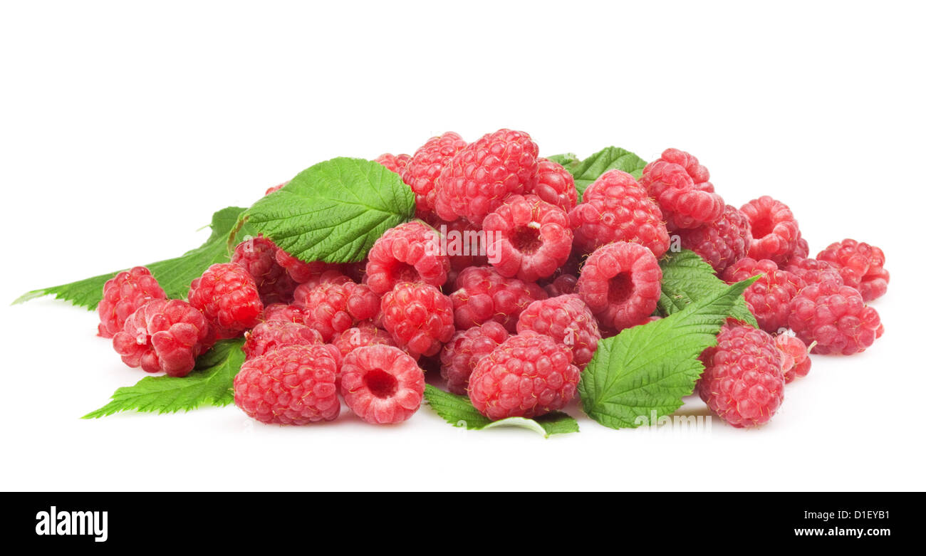 Fresh raspberry with green leaf on white background Stock Photo