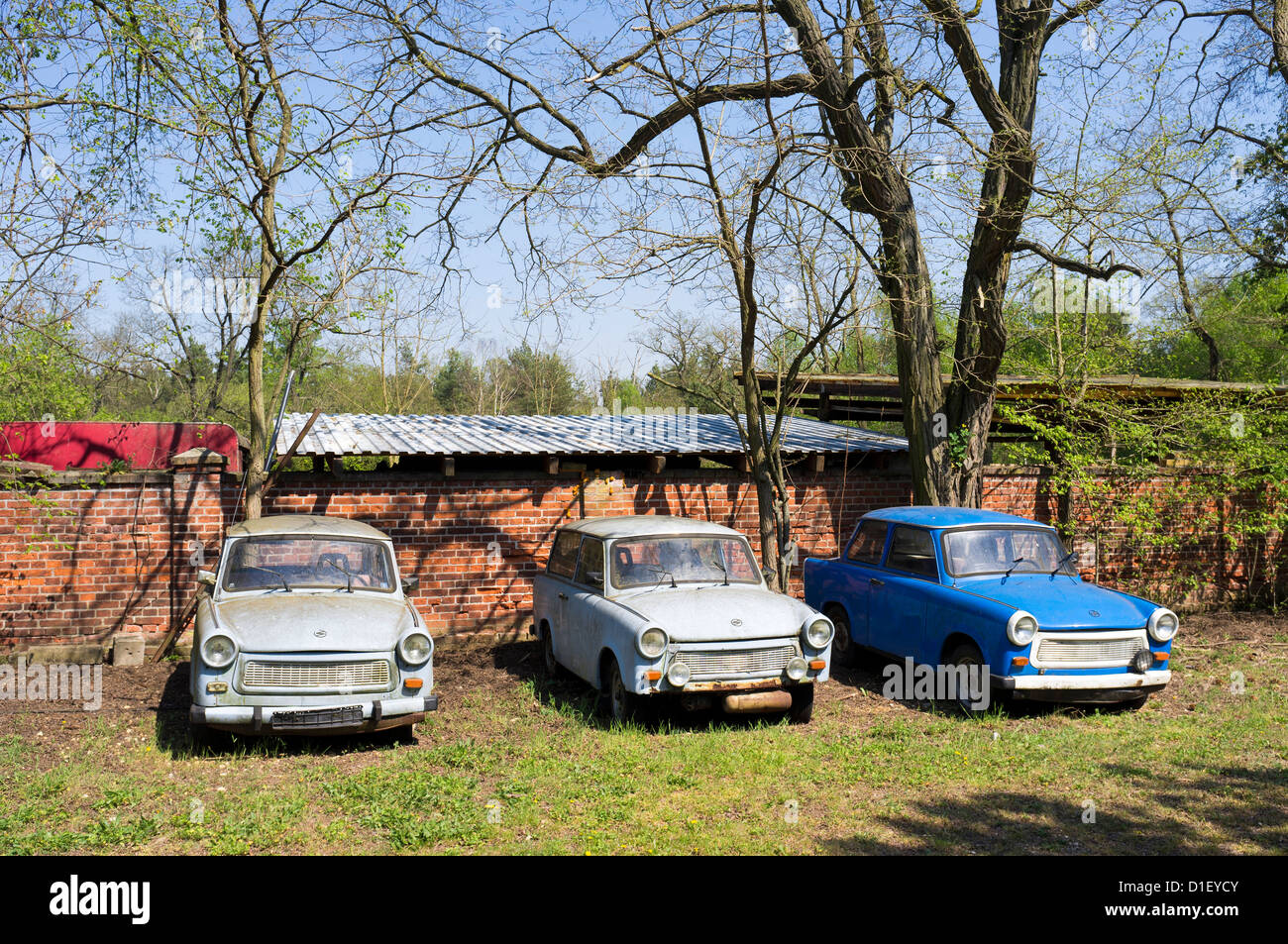 Three parked Trabant cars, Saxony-Anhalt, Germany Stock Photo