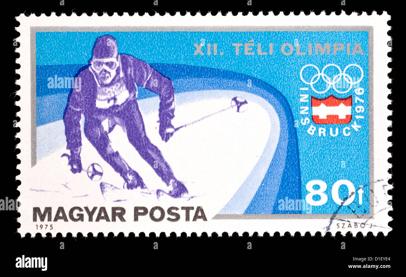 Postage stamp from Hungary depicting a downhill skier, issued for the