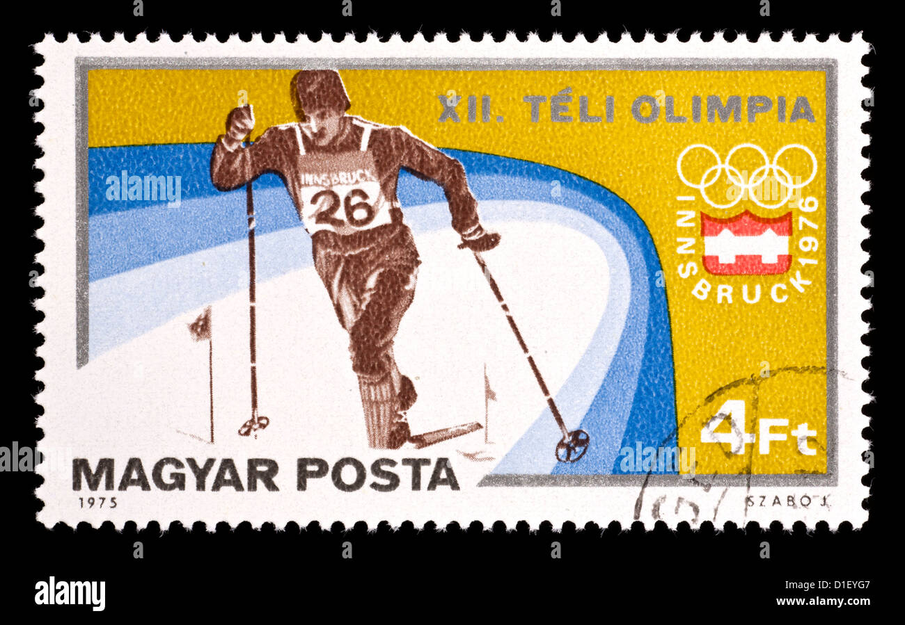 Postage stamp from Hungary depicting a cross country skier, issued for