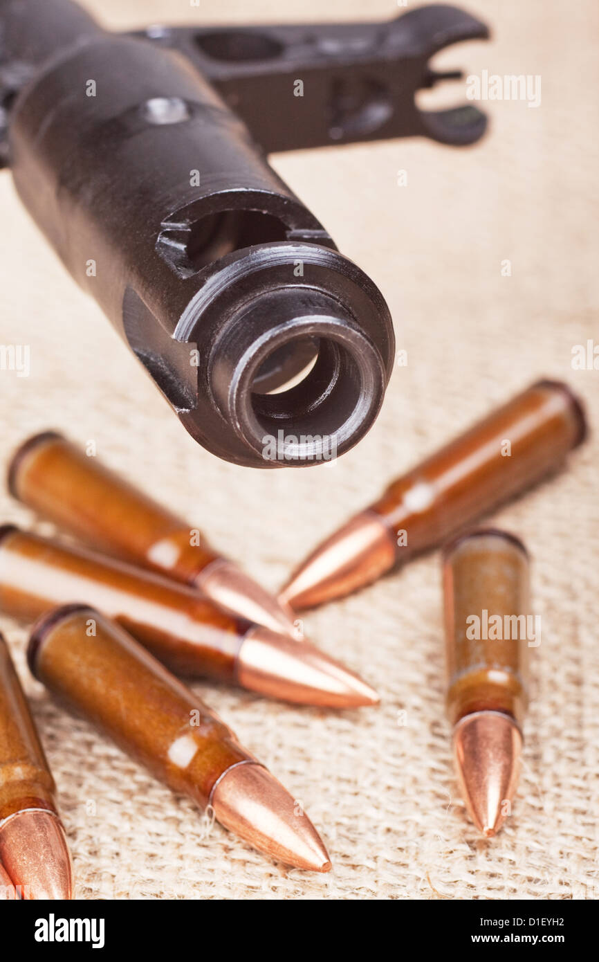 background with the cartridges and the AK47 Stock Photo